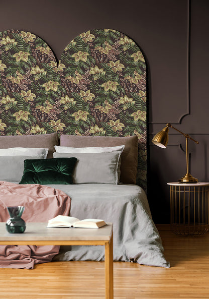 Rowan wallpaper in Charcoal on a feature wall, dense hand-painted foliage