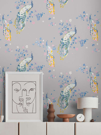 Majestic Peacock & Blossom Wallpaper - House of Turnowsky - Grey/Blue