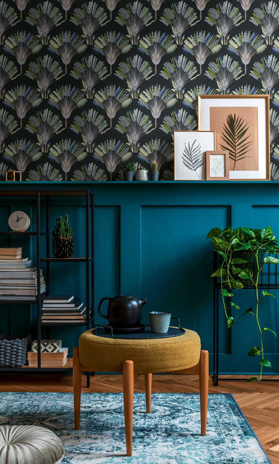 Watercolour Fan Trees Wallpaper - Black/Blue - Discontinuing