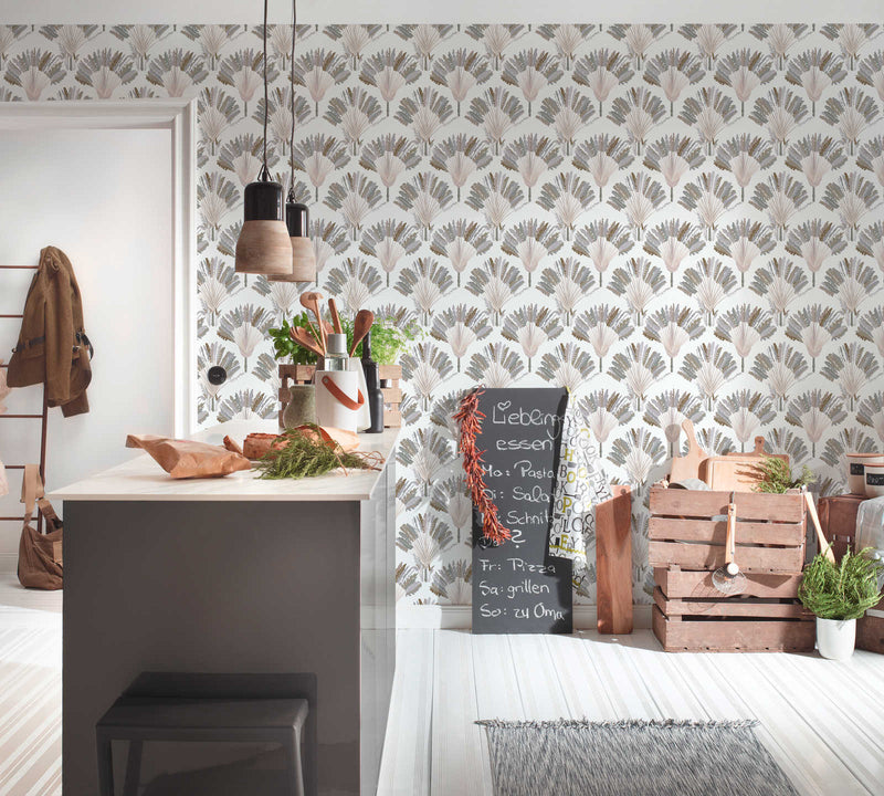 Watercolour Fan Trees Wallpaper (Jungle Chic Collection) - White/Grey