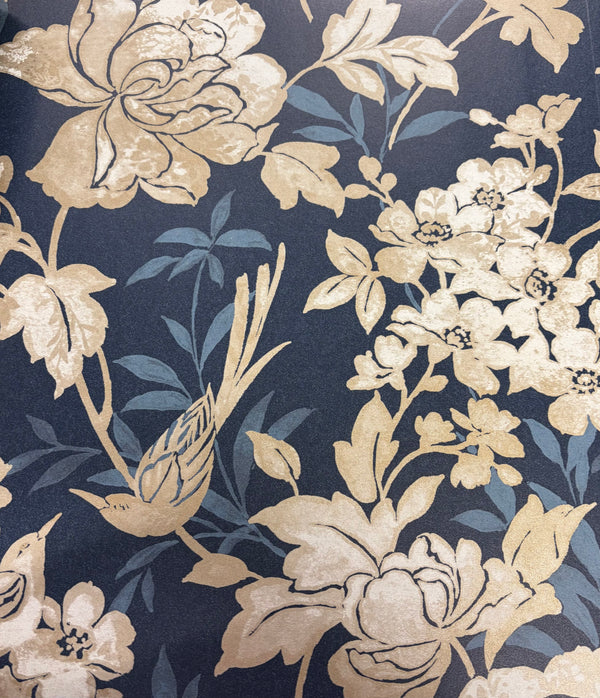 Sample – Blooms and Birds Wallpaper – Navy with Gold Shimmer