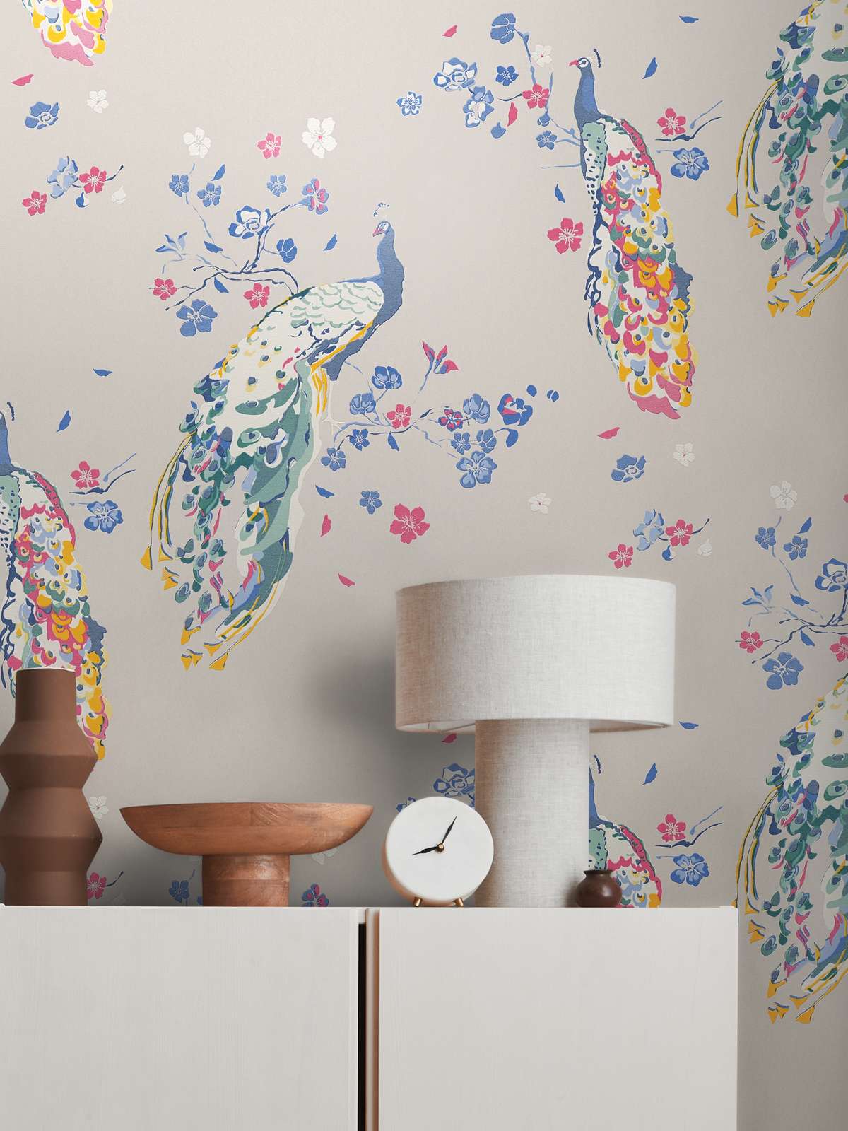 Majestic Peacock & Blossom Wallpaper - House of Turnowsky - Grey/Green