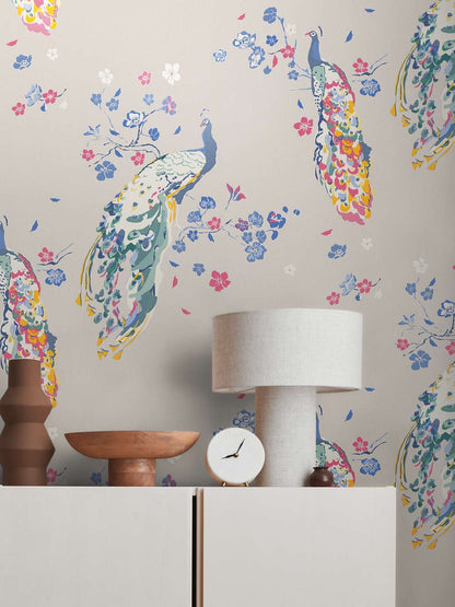 Majestic Peacock & Blossom Wallpaper - House of Turnowsky - Grey/Green