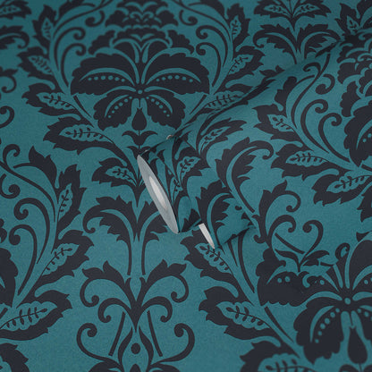 Metallic Baroque Damask Wallpaper - Peacock Black - Discontinuing