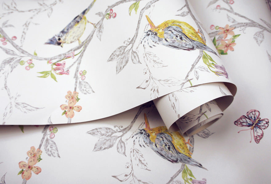 Phoebe - Birds on Trailing Branches Wallpaper - White - Discontinuing