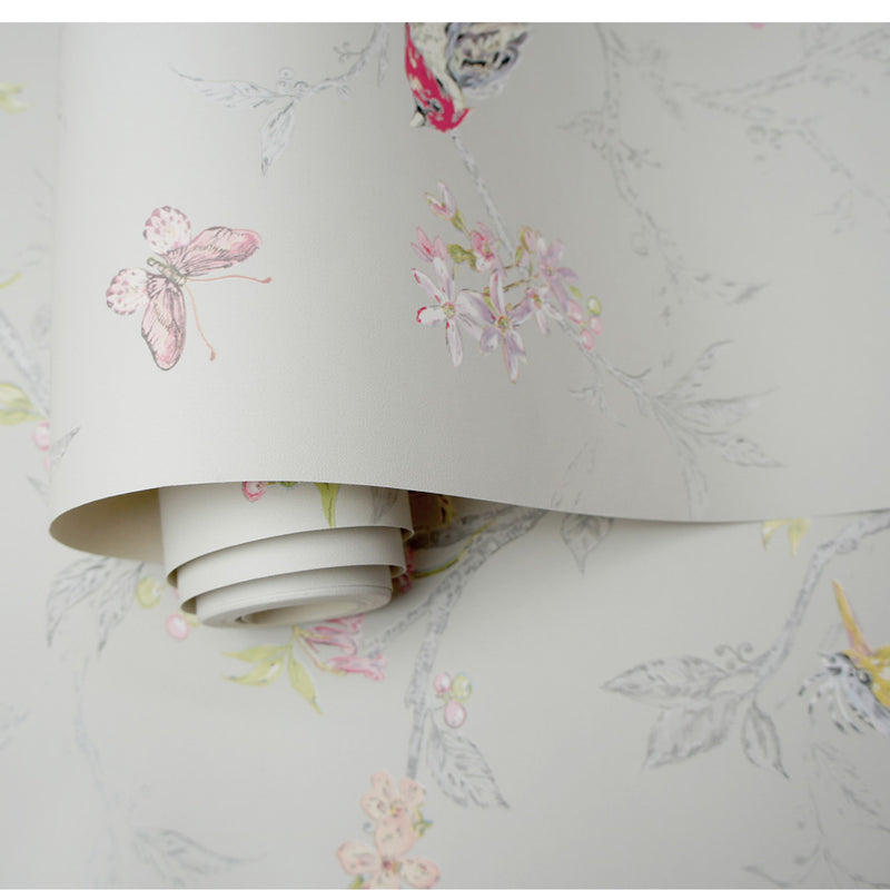 Phoebe - Birds on Trailing Branches Wallpaper - Dove Grey