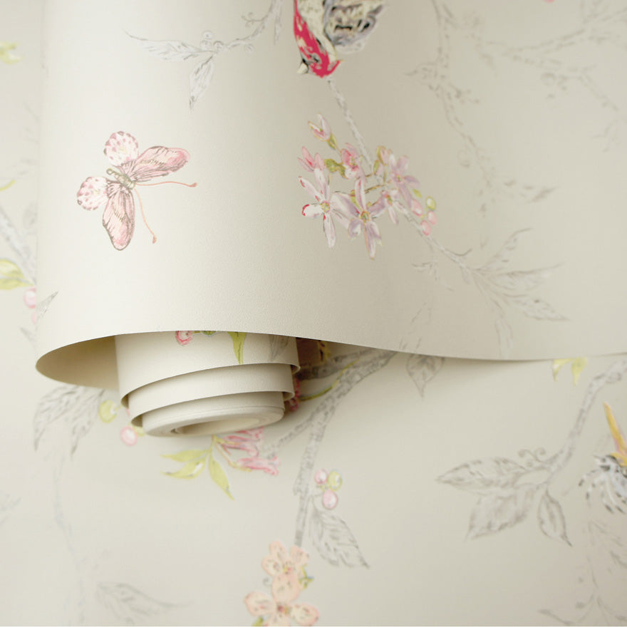 Phoebe - Birds on Trailing Branches Wallpaper - Beige - Discontinuing