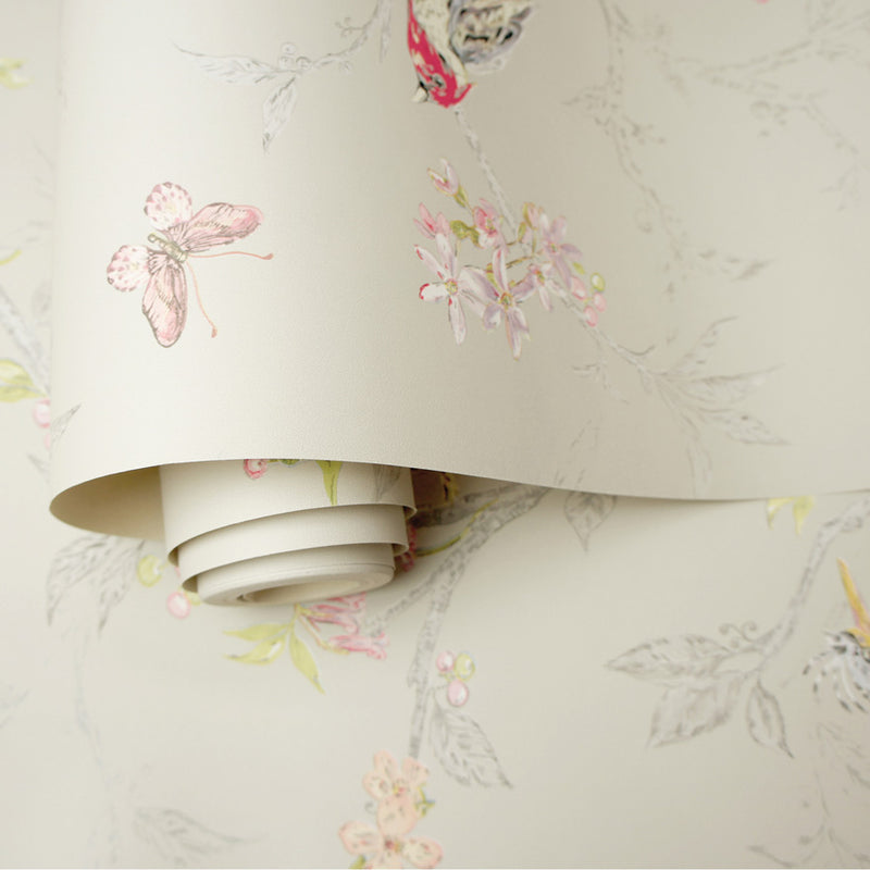 Phoebe - Birds on Trailing Branches Wallpaper - Beige