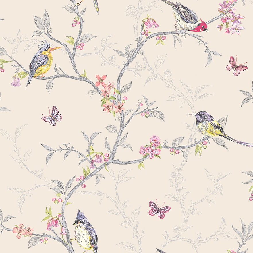 Sample – Phoebe Birds on Trailing Branches Wallpaper – Beige – Discontinuing