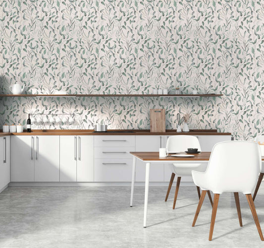Floral Tendrils - White/Green/Grey