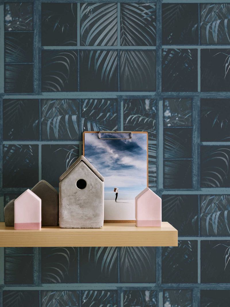 Palm Leaf Mosaic Wallpaper - Blue