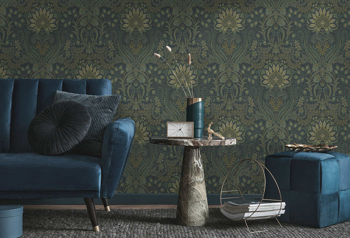Tahini Damask Bead Wallpaper - Blue - Discontinuing