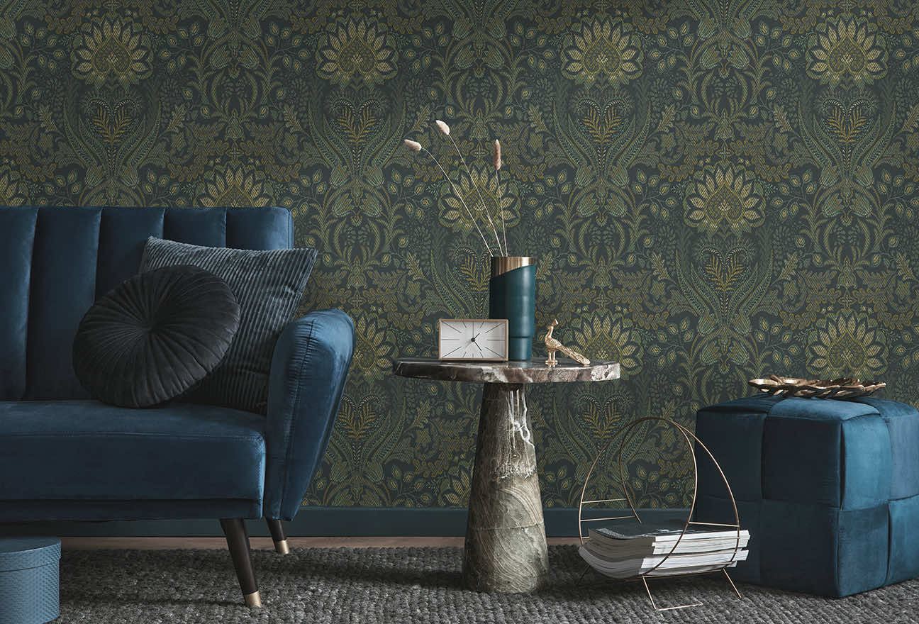 Tahini Damask Bead Wallpaper - Blue - Discontinuing