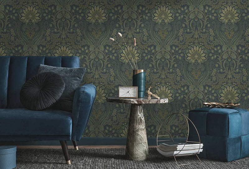 Tahini Damask Bead Wallpaper - Blue