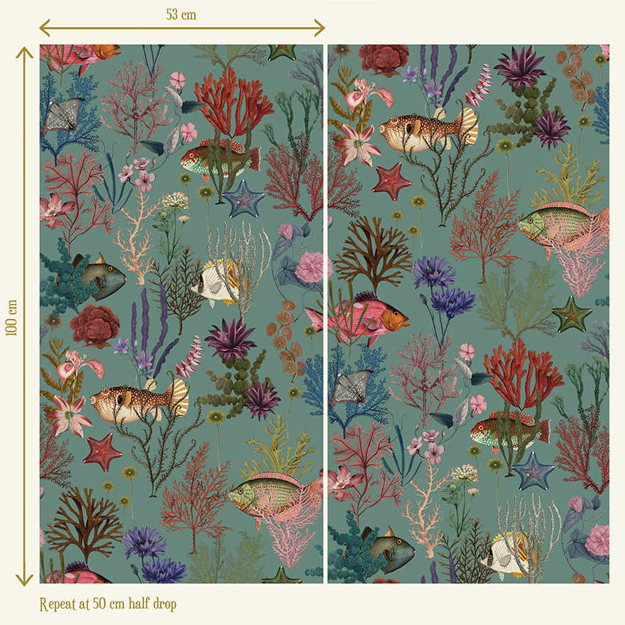 Cora - Fish and Coral Wallpaper - Soft Aqua