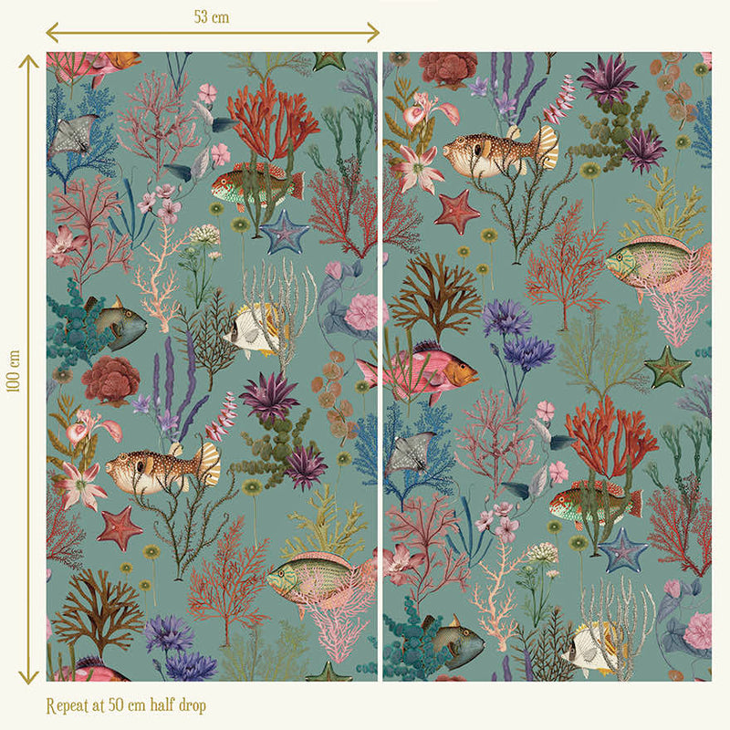 Cora - Fish and Coral Wallpaper - Soft Aqua