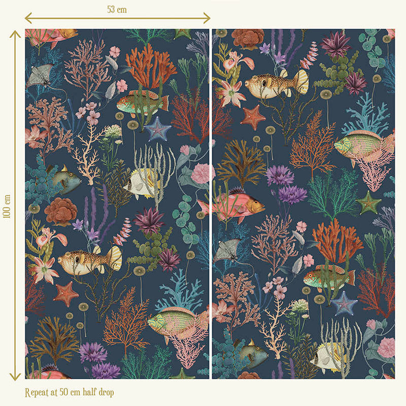 Cora - Fish and Coral Wallpaper - Navy