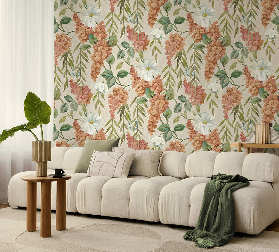Buddleia - Trailing Blooms Wallpaper - Coral/Beige