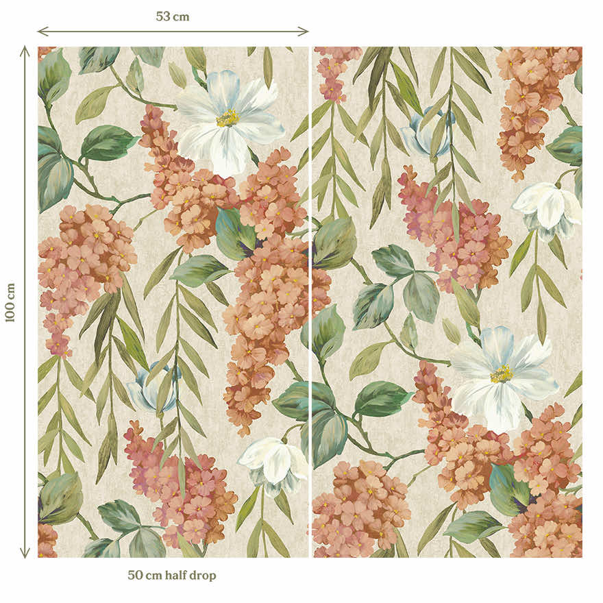 Buddleia - Trailing Blooms Wallpaper - Coral/Beige