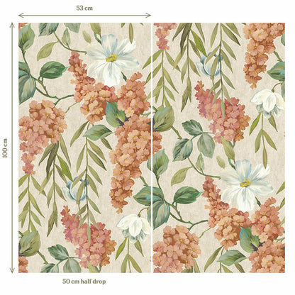 Buddleia - Trailing Blooms Wallpaper - Coral/Beige