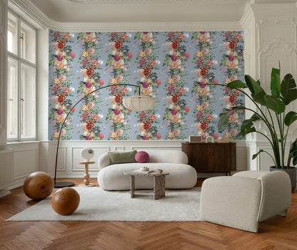 Blume wallpaper in Sky Blue on a feature wall, flowing stems with roses and a bird