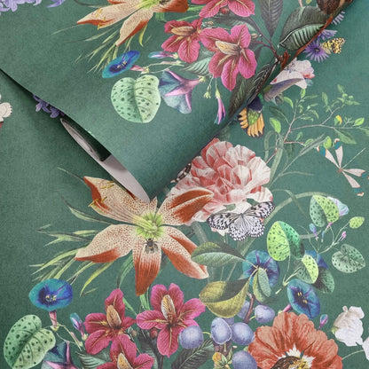Blume Teal wallpaper roll showing the botanical stripe repeat