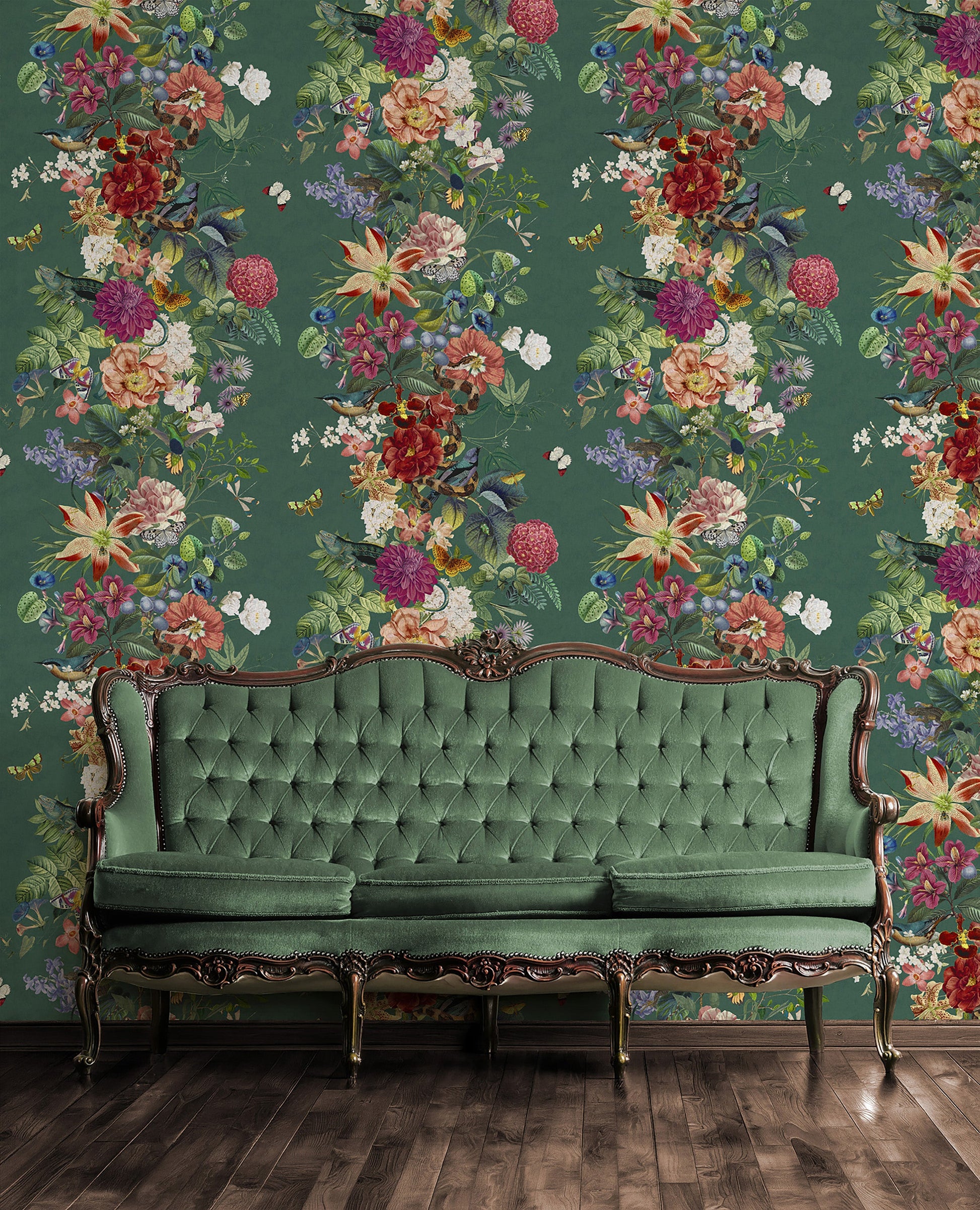 Blume wallpaper in Teal on a feature wall, flowing stems with roses and a bird