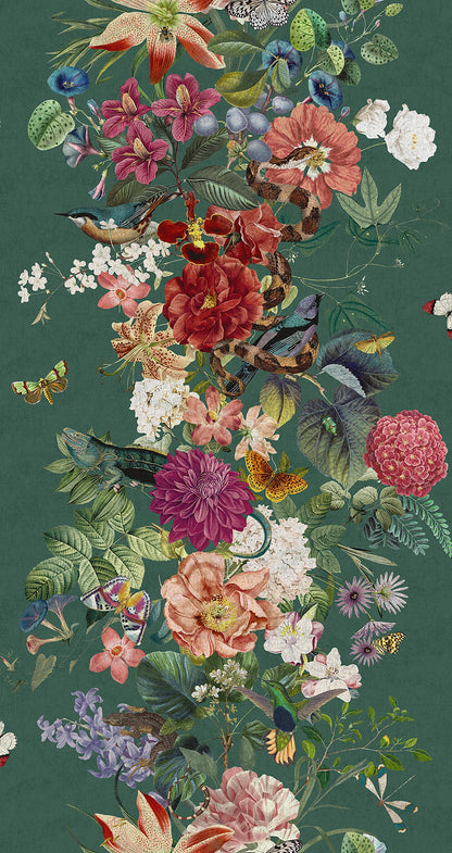 Teal botanical stripe wallpaper with roses and blossom — flat pattern detail, Blume by The Inside