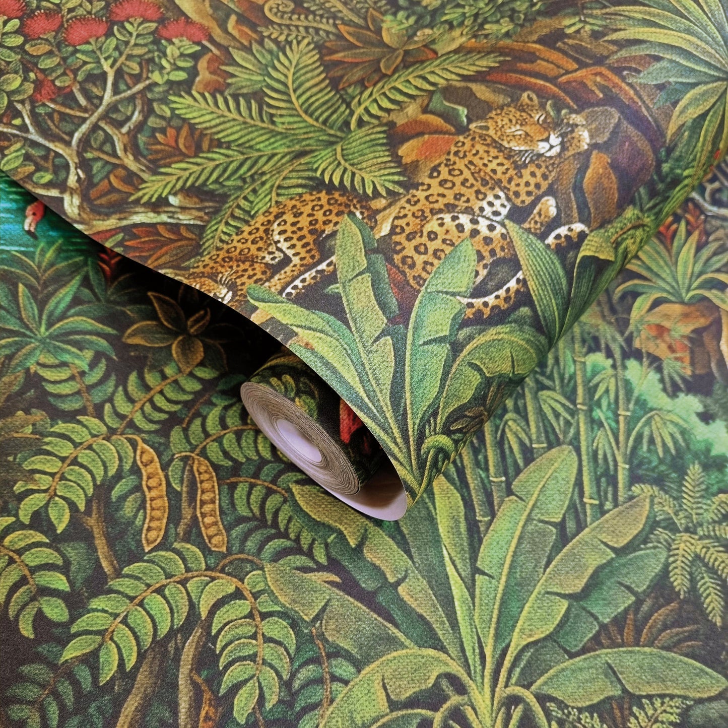 Sundarban Green wallpaper roll showing the rainforest repeat