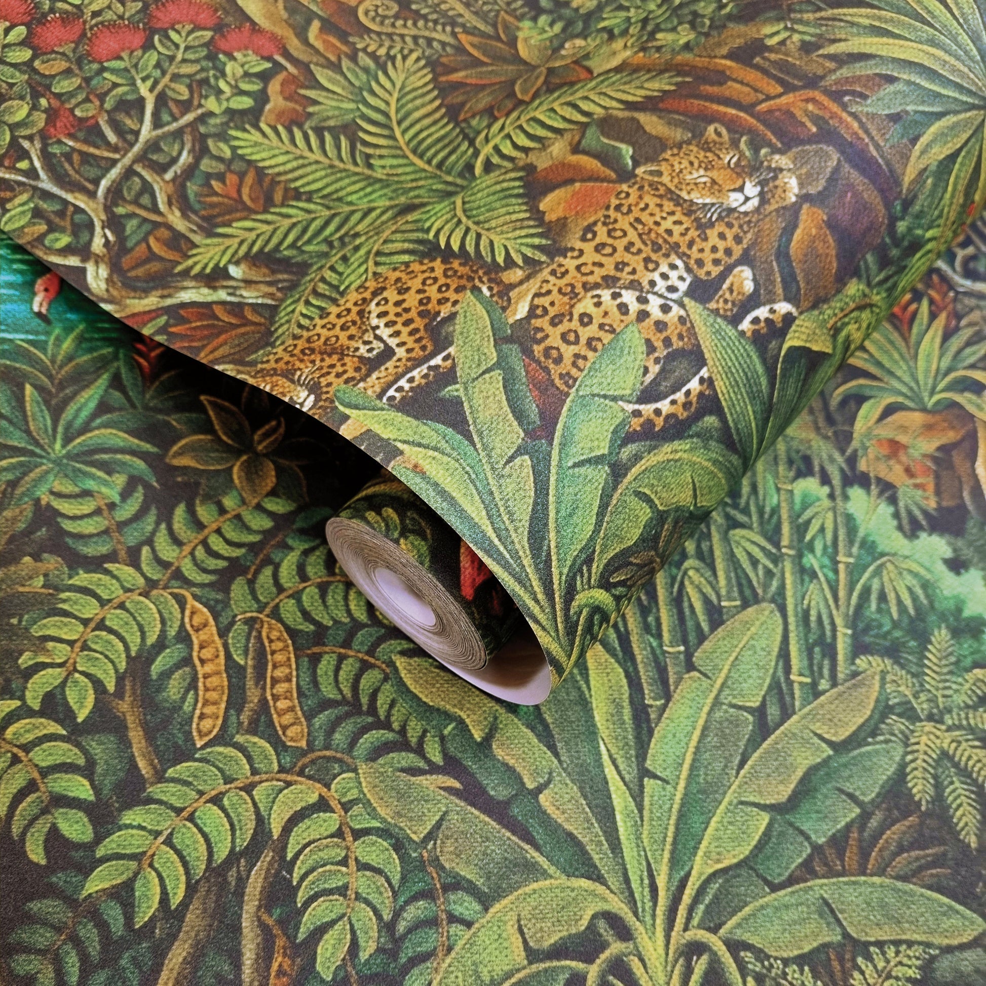 Sundarban Green wallpaper roll showing the rainforest repeat