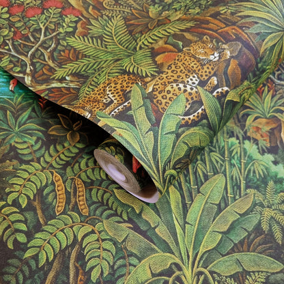 Sundarban Green wallpaper roll showing the rainforest repeat