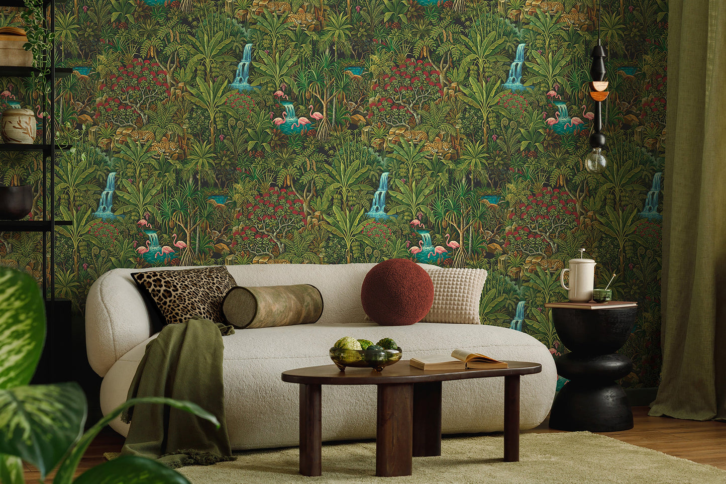 Sundarban wallpaper in Green on a feature wall, rainforest scene with leopards and palms