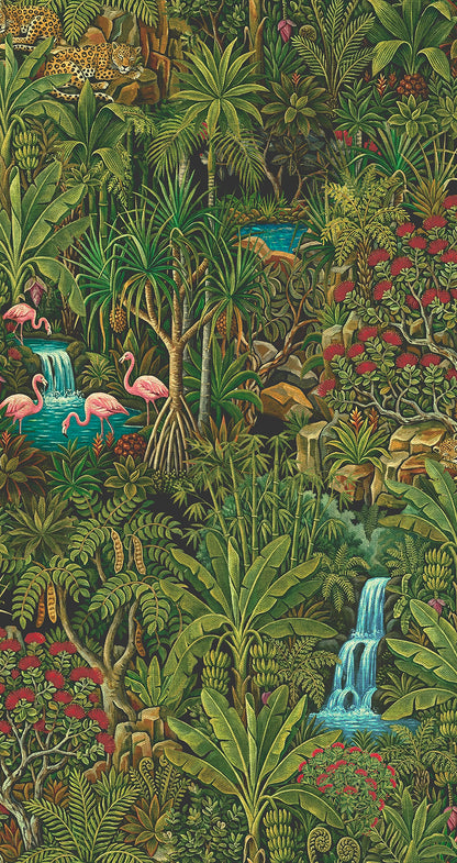 Green rainforest wallpaper with leopards, deer and flamingos — flat pattern detail, Sundarban by The Inside