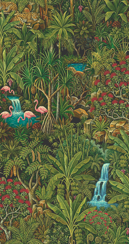 Green rainforest wallpaper with leopards, deer and flamingos — flat pattern detail, Sundarban by The Inside