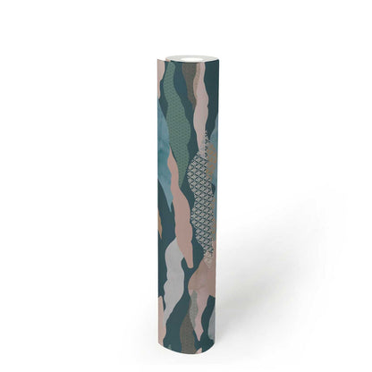 Graphic Wave and Palm Wallpaper - Blue/Green/Pink