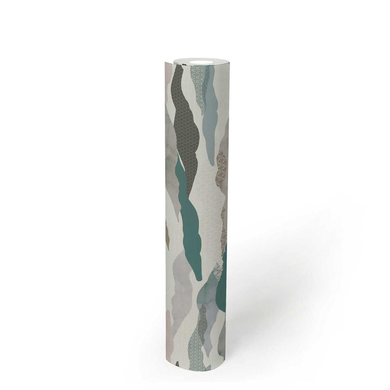 Graphic Wave and Palm Wallpaper - Taupe/Dusty Pink/Blue