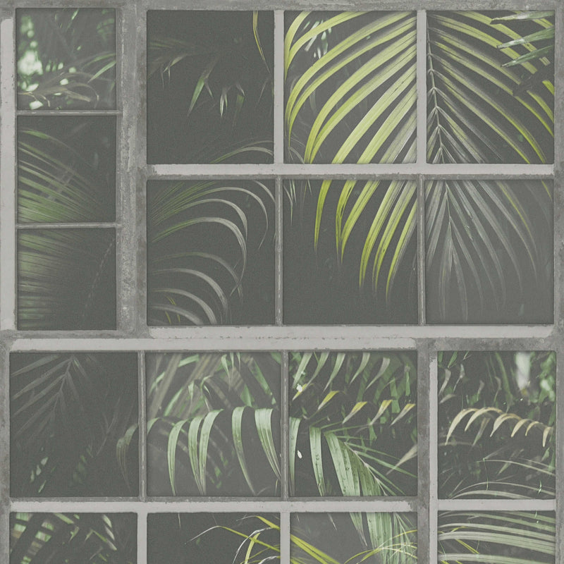 Sample - Palm Leaf Mosaic Wallpaper - Green/Grey