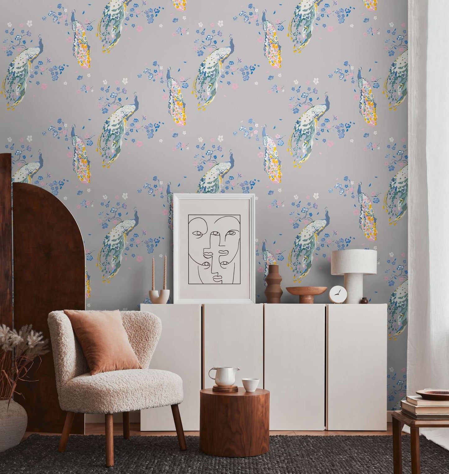 Majestic Peacock & Blossom Wallpaper - House of Turnowsky - Grey/Blue