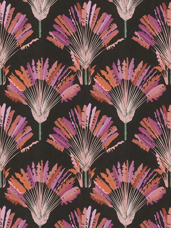 Sample - Watercolour Fan Trees Wallpaper (Jungle Chic Collection) - Black/Pink