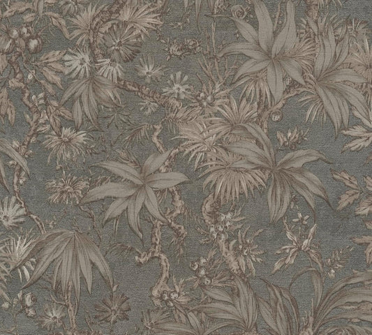 Sepia Memories -  Jungle Wallpaper - Grey Metallic