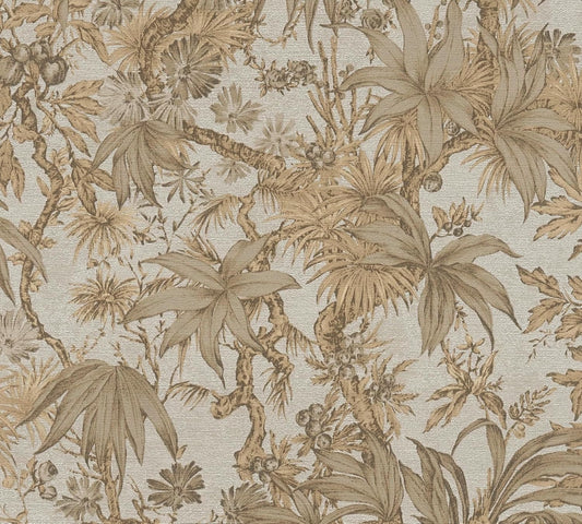 Sepia Memories -  Jungle Wallpaper - Beige Metallic