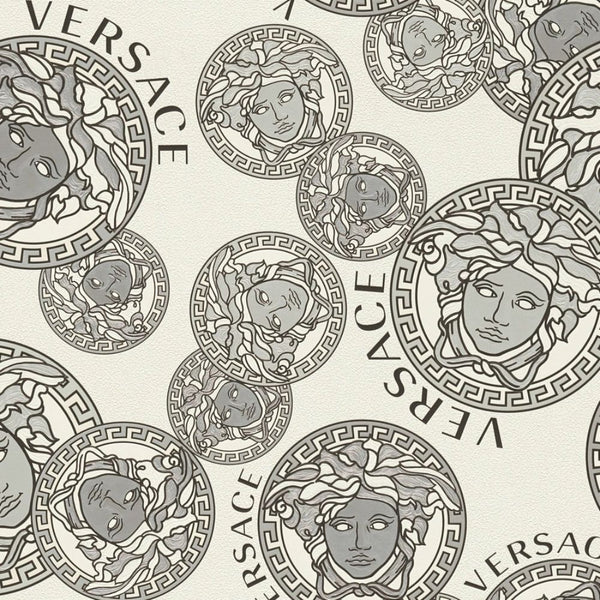 Sample - Medusa Plates Metallic Wallpaper (Versace 3 Collection) - Black & White