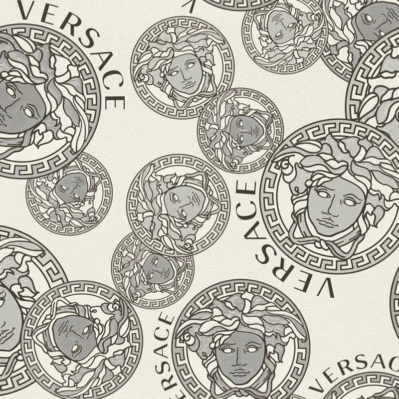 Sample - Medusa Plates Metallic Wallpaper (Versace 3 Collection) - Black & White