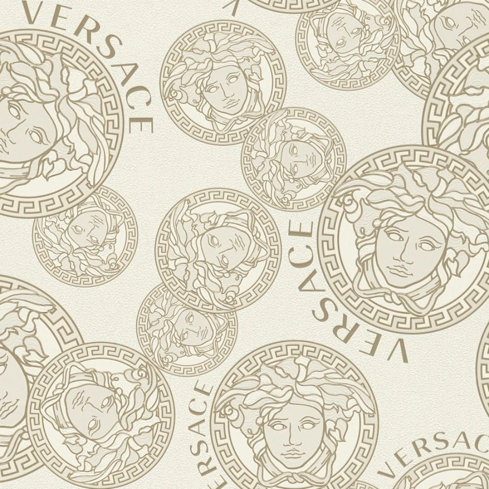 Sample - Medusa Plates Metallic Wallpaper (Versace 3 Collection) - White & Gold