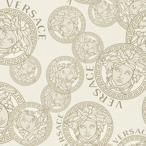 Sample - Medusa Plates Metallic Wallpaper (Versace 3 Collection) - White & Gold