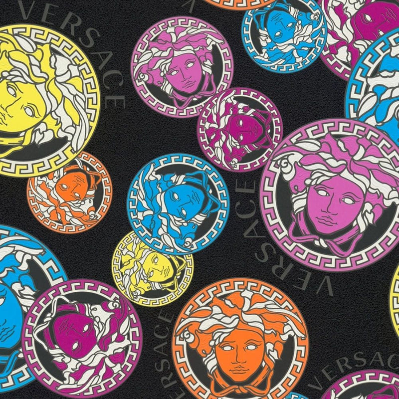 Sample - Medusa Plates Metallic Wallpaper (Versace 3 Collection) - Multicolour Black