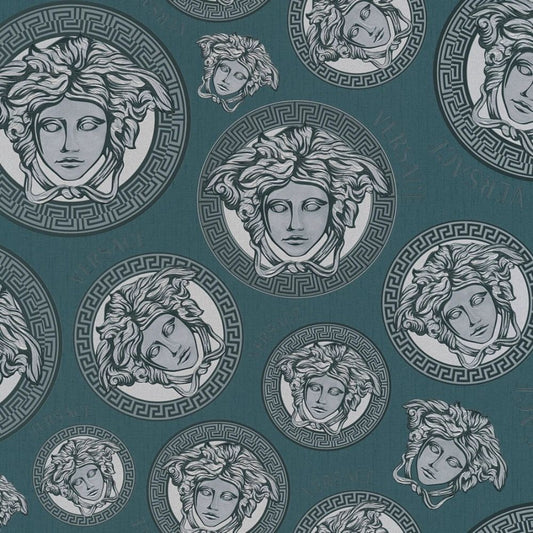 Medusa Plates Metallic Wallpaper (Versace 3 Collection) - Teal