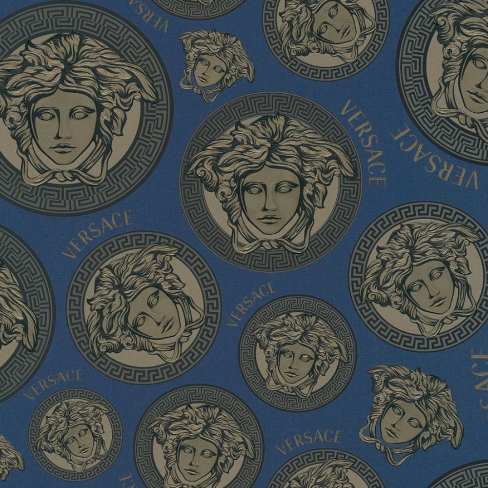 Sample - Medusa Plates Metallic Wallpaper (Versace 3 Collection) - Blue