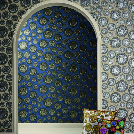 Medusa Plates Metallic Wallpaper (Versace 3 Collection) - Blue