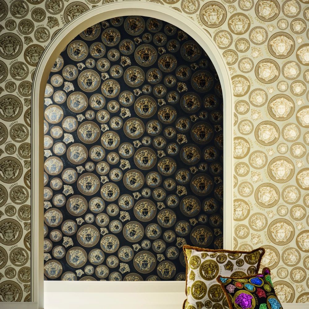 Medusa Plates Metallic Wallpaper (Versace 3 Collection) - Cream & Gold